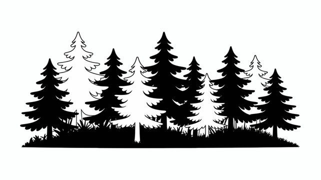 black and white silhouette of coniferous trees with grass on a white background