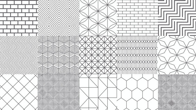 geometric patterns collection black and white line art tile designs on a neutral background
