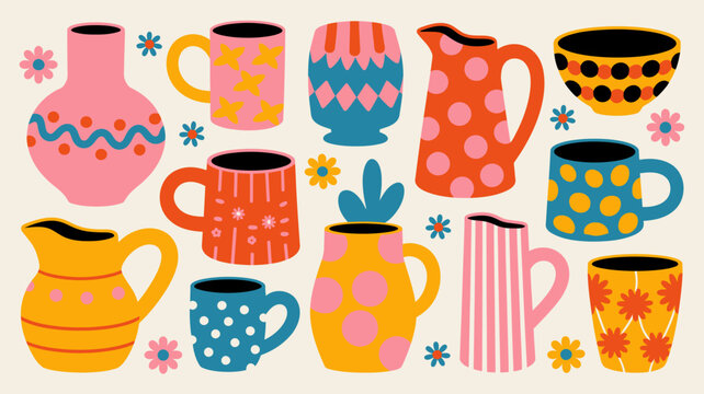 colorful collection of stylized ceramic jugs mugs and bowls with floral accents