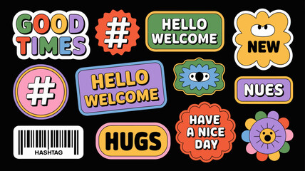Fototapeta premium Colorful sticker collection with positive messages and playful designs on a black background