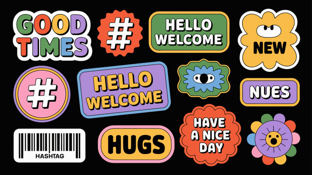 Colorful sticker collection with positive messages and playful designs on a black background