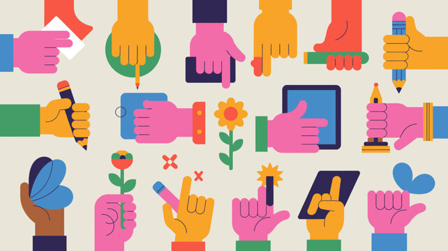 Colorful hands interacting with various objects flat vector illustration on a beige background