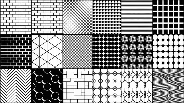 geometric pattern collection black and white tiled designs in a grid arrangement