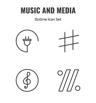 music and media outline icon set. thin line charging plug, sharp, clef, simile icons. editable vector