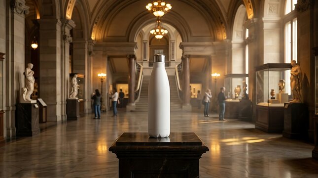 Modern Art Installation Inside Grand Classical Museum Hallway With Visitors