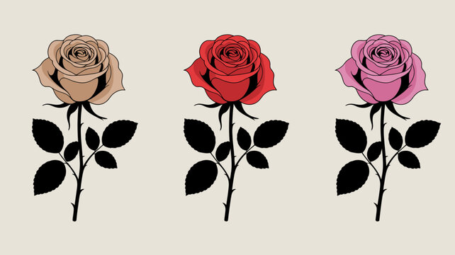 Three roses in varying shades of pink and red floral illustration on a neutral background
