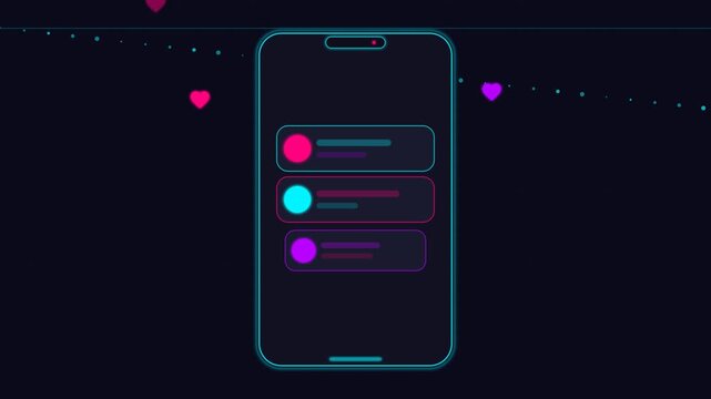 Neon Smartphone with Floating Hearts Mobile Notification