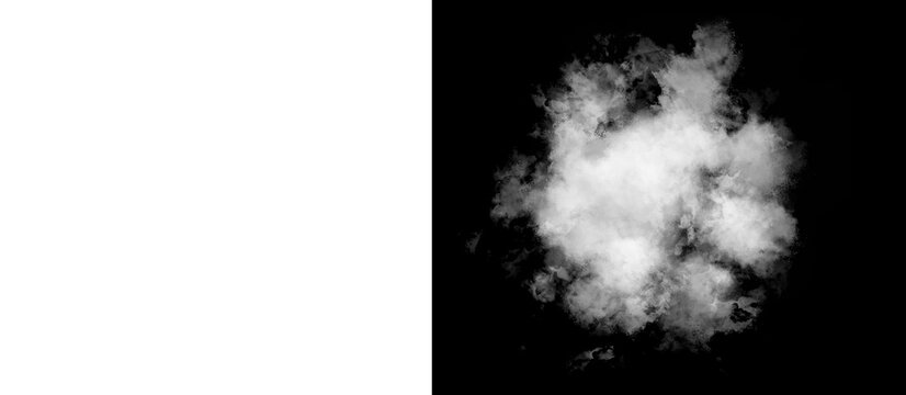 Atmospheric white smoke puff on black background, ethereal steam cloud texture, realistic fog explosion for visual effects and compositing