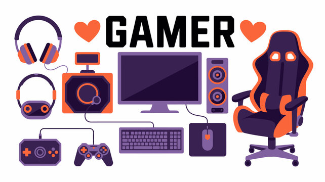 colorful gaming setup illustration with computer headphones chair and controller on white background