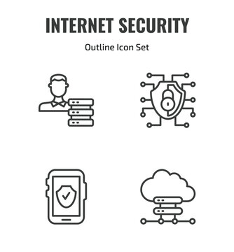 internet security outline icon set. thin line network adminstrator, network, mobile phone security, cloud server icons. editable vector