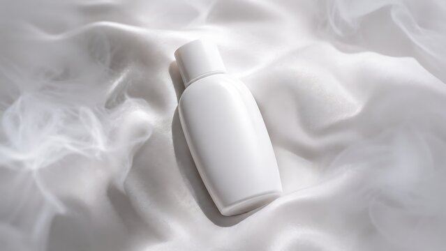 White rectangular skincare bottle placed on soft white fabric surface