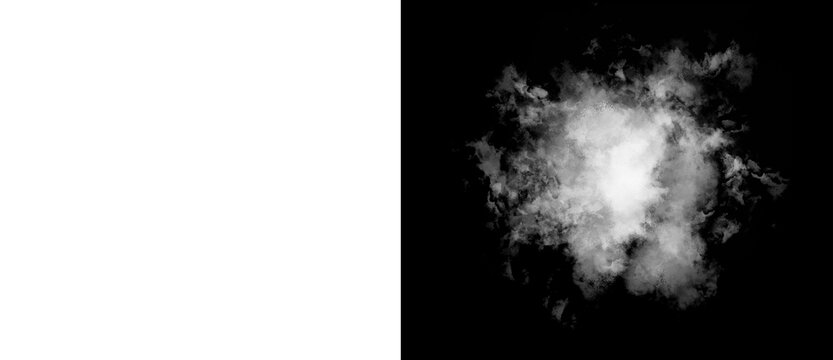 Atmospheric white cloud on black background, ethereal smoke texture for photo compositing, fluffy steam burst and fog element