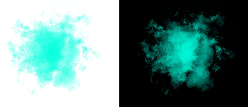 Cyan smoke explosion on white and black background, turquoise ink splash effect, vibrant teal powder burst for creative design overlays
