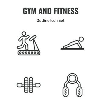 gym and fitness outline icon set. thin line running treadmill, , gymnastic roller, sport expander icons. editable vector