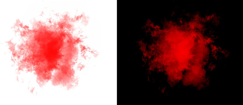 Red smoke explosion on black and white backgrounds, vibrant crimson powder splash, abstract fire cloud and mist texture for design overlays