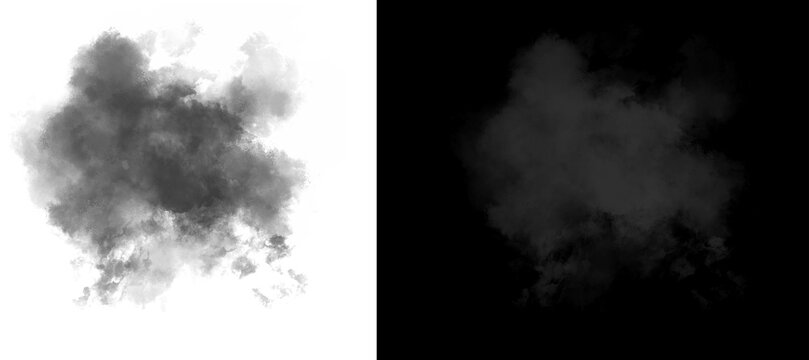 Atmospheric black smoke cloud on white background, dark gray steam burst and fog texture, isolated smoky mist effect for design overlay