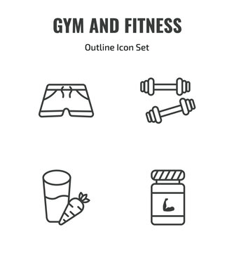 gym and fitness outline icon set. thin line fitness shorts, little dumbbell, vegetables juice, phytonutrients icons. editable vector