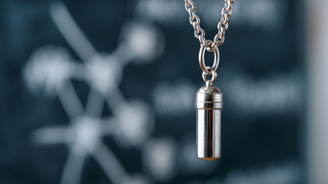 Metal pendant hanging against blurred laboratory blackboard