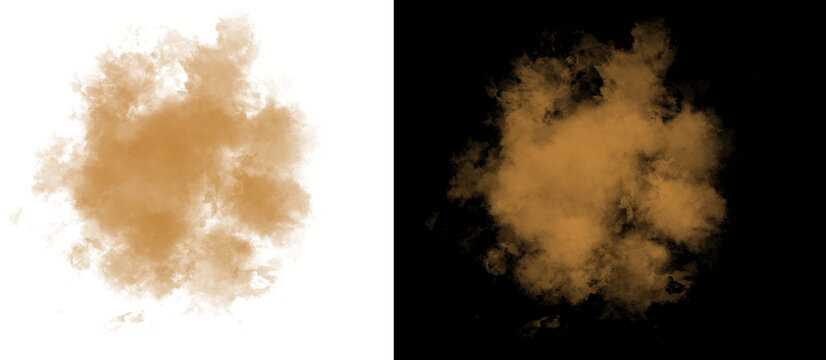 Brown dust explosion isolated on white and black background, realistic sand cloud burst, dry soil powder splash for design overlay