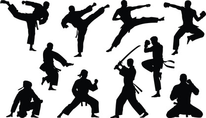Martial arts silhouettes practicing karate taekwondo kung fu judo aikido kendo sword fighting self defense training poses stances kicks punches © MOSTSHAHANAJ