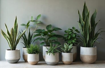 Fototapeta premium Assortment of various green potted plants in concrete pots. Different house plants grow in modern planters against gray wall. Home decor with natural elements.