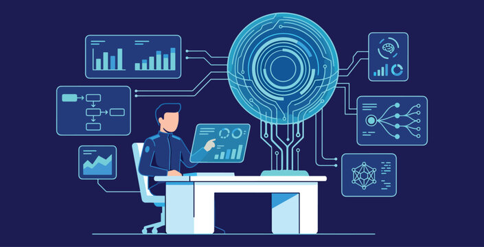 Professional data analyst working on dashboard with futuristic hud interface and digital ai connection.