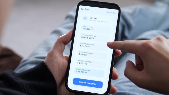 Hands holding a phone reviewing tax details. The interface shows business expenses, charity donations, and home office credits. Ideal for illustrating tax filing, deductions, and net tax liability