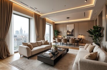 Fototapeta premium Elegant apartment interior with large windows overlooking city skyline. Modern neutral living and dining room space features sofas, table, chairs and artwork. Sophisticated home decor.