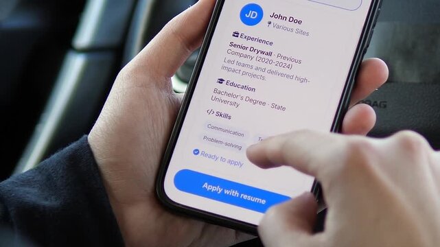 Modern HR professional reviewing a digital resume for a construction role on a smartphone. Features a clean mobile UI with experience and skills. Perfect for recruitment agencies, job search apps, and