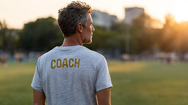 Coach standing overlooking sports field during sunset practice
