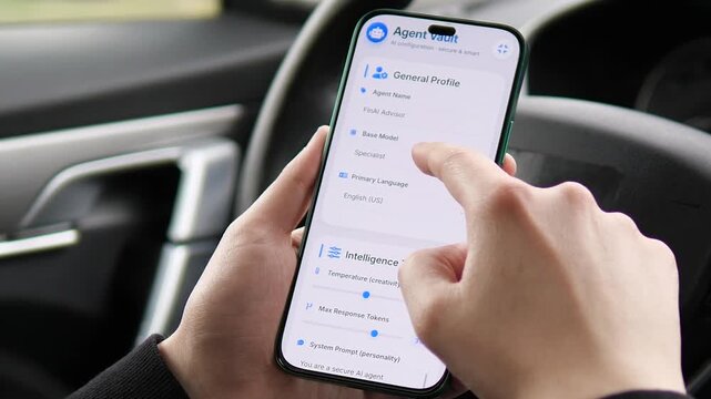 Configuring a custom AI agent in a mobile app called Agent Vault. User adjusts intelligence settings like temperature and response tokens. Perfect for tech tutorials, AI development, and future of