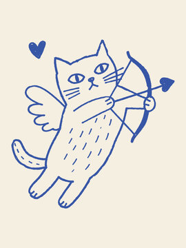 Cupid Cat with Bow and Arrow Naive Blue Sketch Vector