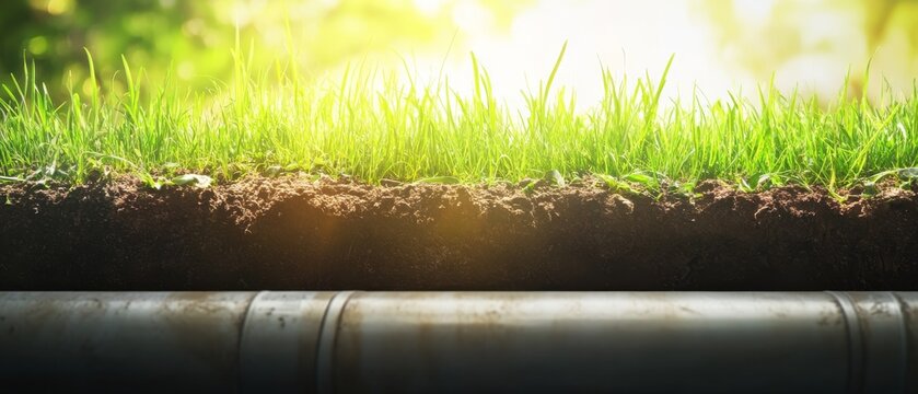Grass grows over a dirt layer above a pipe in a garden during morning light