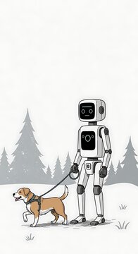 Robot walks dog through snowy trees, futuristic companionship, nature, technology