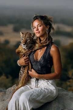 Woman bonding with leopard in savanna landscape