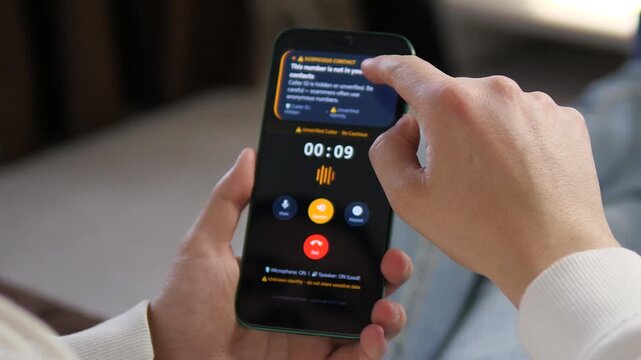 User holding a phone displaying a scammer warning interface. Real-time timer and voice waveform show an active fraudulent call. Ideal for tech apps, security software promos, and educational content