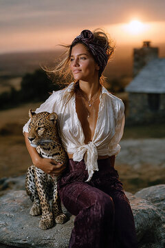 Woman holding leopard at sunset representing wild beauty