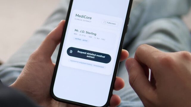 POV of a user tapping to request clinical history on a smartphone. The interface shows patient ID, DOB, and inpatient, outpatient options. Ideal for illustrating medical data management, privacy, and