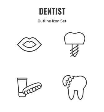 dentist outline icon set. thin line mouth, implant, dentures, broken tooth icons. editable vector