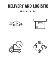 delivery and logistic outline icon set. thin line delivery by car, delivery containers, mind eraser drink, supply chain icons. editable vector © Farahim