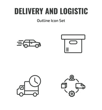 delivery and logistic outline icon set. thin line delivery by car, delivery containers, mind eraser drink, supply chain icons. editable vector