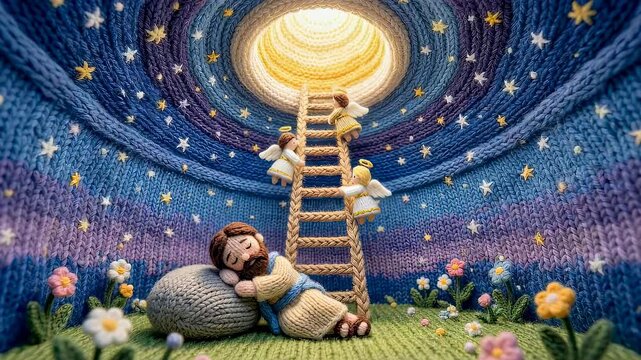 Man dreaming of biblical ladder to heaven. Knitted Jacob sleeping on stone under starry sky with angels climbing towards divine light. Christian religious concept.
