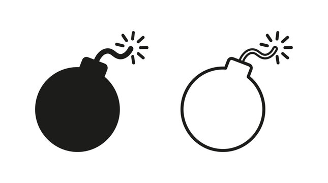 Bomb icon set black silhouette and line art version