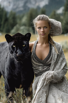 Woman with black panther posing in nature