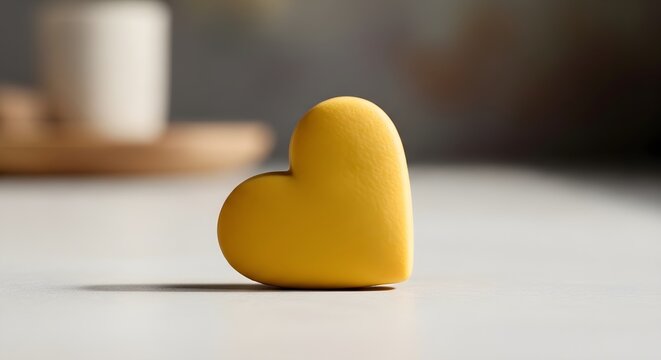 Yellow Heart Symbol Resting on a White Surface with Blurred Background