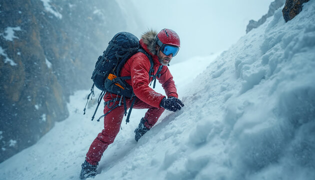 Man climbs snowy mountain slope during winter storm. Climber uses gear scaling icy terrain, facing harsh weather. Focus on effort, extreme challenge, and solitude.