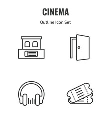 Fototapeta premium cinema outline icon set. thin line box office, doorway, headphone, two movie tickets icons. editable vector