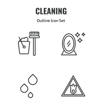 cleaning outline icon set. thin line housekeeping, mirror cleanin, liquid, oxidizing agent icons. editable vector