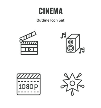 cinema outline icon set. thin line movie clapper open, loud woofer box, 1080p full hd, famous cinema star icons. editable vector