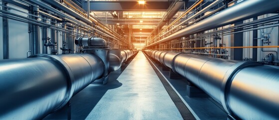 Obraz premium Pipes in a large industrial facility provide pathways for liquids and gases in the machinery area during the day